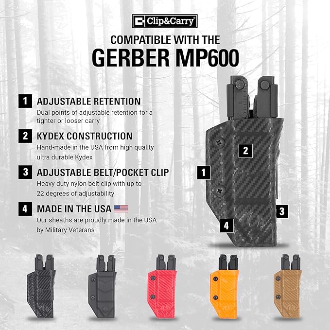 Clip & Carry Kydex Multitool Sheath for Gerber MP600 ~Fits bluntnose & needlenose Models~ Made in USA (Multi-Tool not Included) Multi Tool Holder Holster