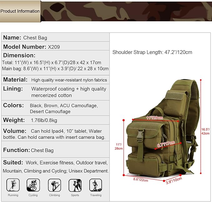 HUNTVP Tactical Military Sling Pack Chest Daypack Molle Backpack Shoulder Bag