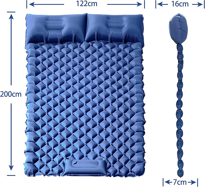 ONTYZZ Double Ultralight Inflatable Sleeping Pad 2 Person Camping Sleeping Pad Waterproof Sleeping Pad Built-in Foot Pump for Camping, Blue