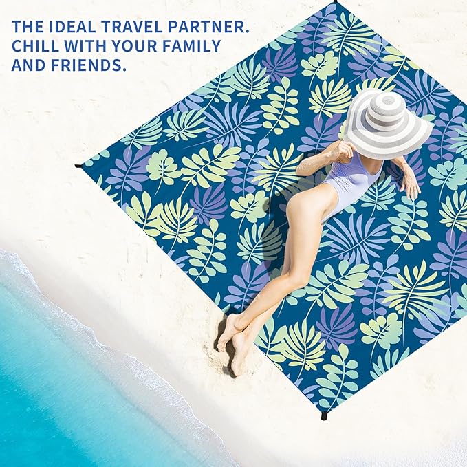 BYDOLL Beach Blanket Sandproof Waterproof Leaves 78''×81''1-4 Adults Compact Lightweight Oversized Beach Blanket Large Picnic Mat Blanket for Travel Camping Hiking Picnic