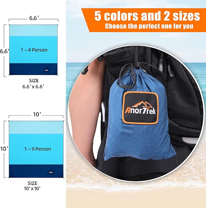 Beach Blanket Sandproof, Extra Large Beach Mat, Sand Free Mat Quick Drying, Lightweight, Soft & Durable Mat for Beach, Yard (Sky Blue & Blue & Dark Blue, 6.6 x 6.6 FT (1～4 Person))