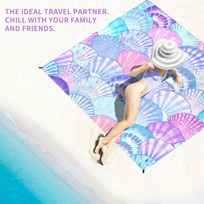 BYDOLL Beach Blanket Sea Shell Sandproof Waterproof 78''×81''1-4 Adults Compact Lightweight Oversized Beach Blanket Large Picnic Mat Blanket for Travel Camping Hiking Picnic