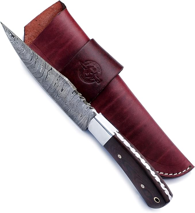 Handmade Damascus Steel Knife for Hunting,Survival,Camping,Bushcraft, and Fishing,Fixed Blade with Drop Point Full Tang Micarta Handle Leather Sheath - WKD-777