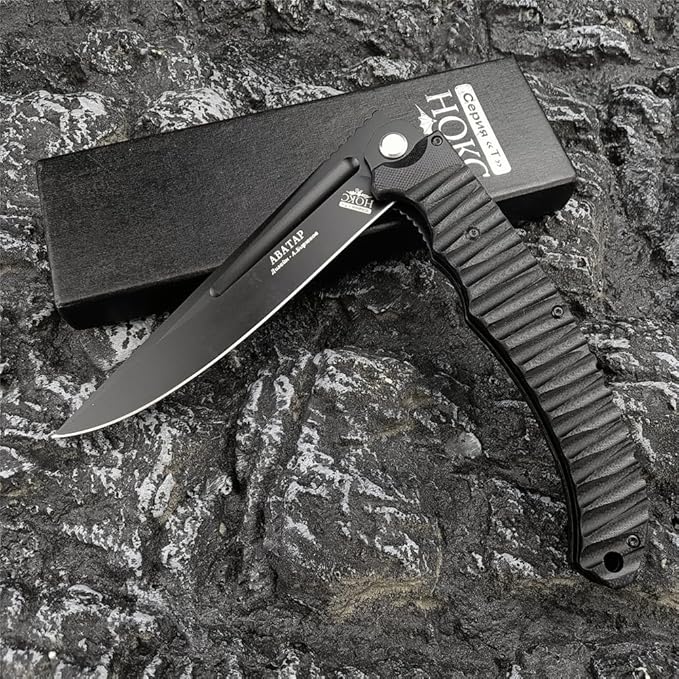 HUAAO 12 INCH Russian Avatar Folding Knife for Men,D2 Blade Black G10 Handles Tactical Survival Gear Saber Knives,Safety Liner Lock,Flipper Assisted Outdoor Camping Tool (Black blade)