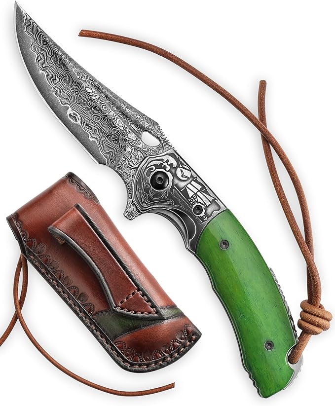Damascus Folding Knife with Leather Sheath,3.2'' Blade Green Bone Handle Handmade Traditional Pocket Knives for Men Hunting EDC, Puppis-02G
