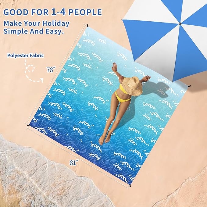 BYDOLL Beach Blanket Sandproof Waterproof 78''×81'' 1-4 Adults Compact Lightweight Oversized Beach Blanket Large Picnic Mat Beach Blanket for Travel Camping Hiking Picnic