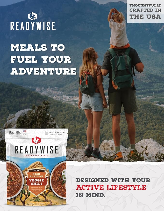READYWISE - Adventure Meal, Veggie Chili Soup, 2 Servings, Pack of 1, Emergency Preparedness, Freeze Dried Food, MRE, Snack Pack or Emergency Food, Backpacking, Camping, Hiking, and, Survival Food