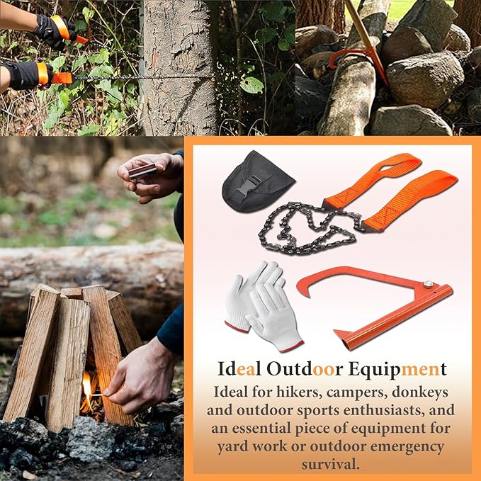 HOMEE 4Pcs Pocket Chainsaw Set with Firewood Puller,Gloves and Storage Bag,26 inches Rope Saw,11 Teeth Folding Chain Hand Saw for Outdoor Survival Camping Hunting Tree Cutting Emergency Tools