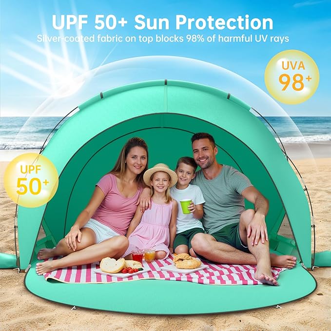 Beach Tent Sun Shelter, Beach Shade Tent with UPF50+ UV Protection, Beach Sun Shelter, Beach Shade with 2 Zippered Doors, Portable Beach Tent for Beach Camping Fishing