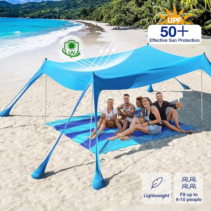 Rhino Valley Beach Tent Sun Shelter, Beach Canopy Tent Sun Shade UPF50+ Protection with 8 Sandbags 4 Stability Poles, Outdoor Beach Shade Canopy for Beach, Camping, Fishing