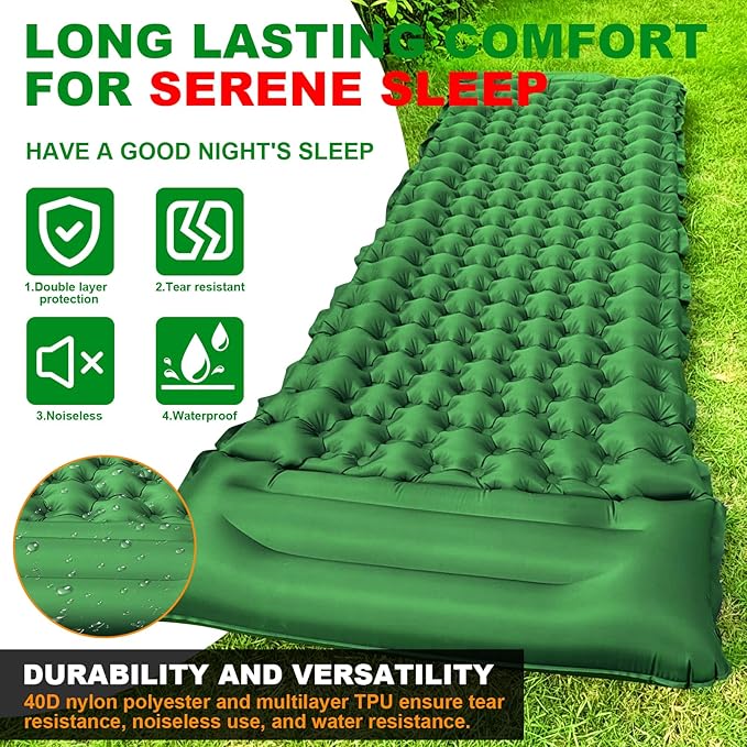 Sleeping Pad for Camping with Built in Pillow Self-Inflating Sleeping Mats with Built-in Foot Pump Ultralight Travel Air Mattress for Camping Backpacking Tent Hiking Green 1Pcs