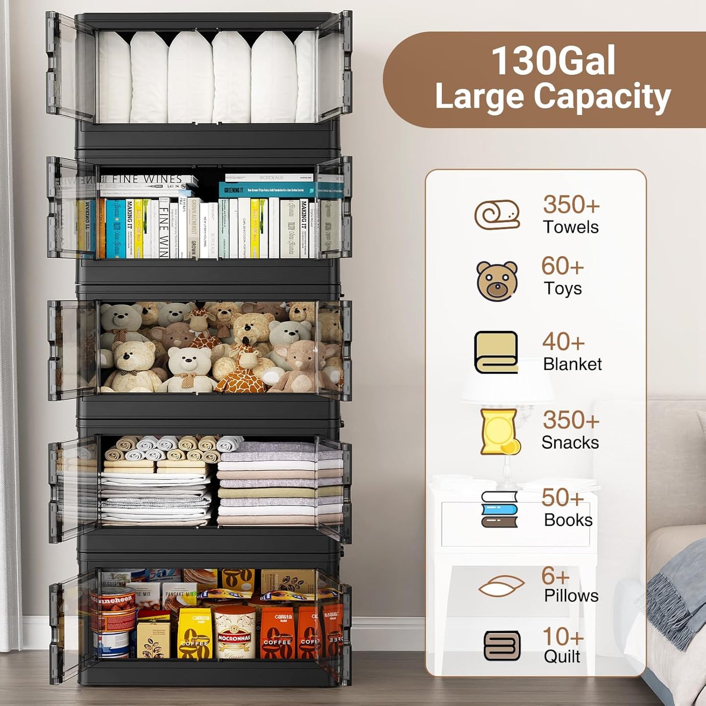 115Qt Stackable Storage Bins with Individual Lids & Wheels, Large Plastic Collapsible Latching Boxes Closet Organizers and Storage Cabinet Shelves Units for Home Kitchen Dorm, 1-Pack Black