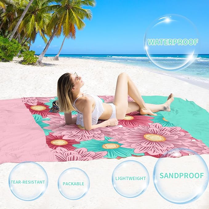 BYDOLL Beach Blanket Sandproof Waterproof 78''×81'' 1-4 Adults Floral Compact Lightweight Oversized Beach Blanket Large Picnic Mat Beach Blanket for Travel Camping Hiking Picnic
