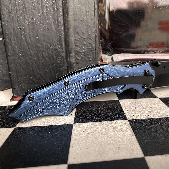 ALBATROSS Folding Pocket Knife, 3" Black Blade, 4.75" Aluminum Handle with the skull pattern, Liner Lock (Blue)