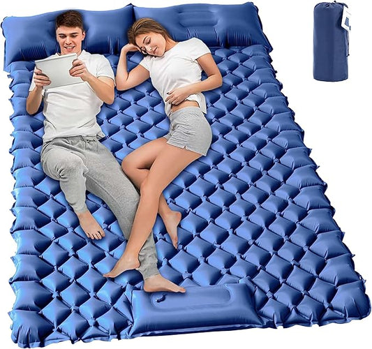 Double Sleeping Pad for Camping, 2 Person Ultralight Inflatable Sleeping Mat with Pillow and Built-in Foot Pump, Portable Camping Mattress for Tent, Backpacking, Hiking, Traveling