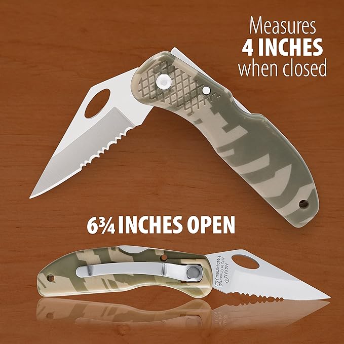 Maxam Lockback 7 (Open) Inch Pocket Knife - Stainless Steel Helf Serrated Blade, Textured No-Slip Handle, Carry Clip, Camo