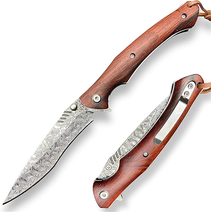 TACTICAL GEARZ EDC Damascus Steel Pocket Folding Knife, Natural Rosewood Handle, 107 Layered VG10 Damascus Steel Blade! (Kanui XT)