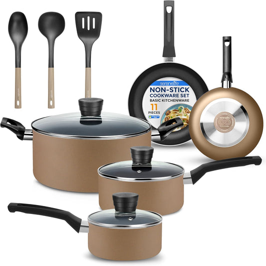 11-Piece Nonstick Kitchen Cookware Set - PTFE/PFOA/PFOS Free Heat Resistant Lacquer Kitchen Ware Pots Pan Set w/Bakelite Handles, Saucepan, Frying Pans, See-through Lid - SereneLife SLCW11GLD (Gold)