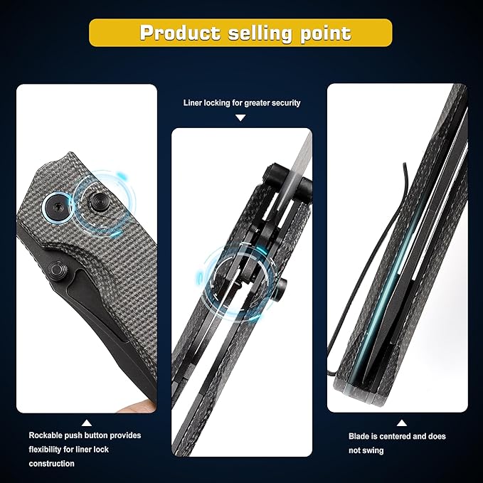 Pocket Knife Rockable Design Button Lock Rhino 0315, EDC Pocket Knife for Men, 14C28N Blade Folding Knife, Durable Micarta Handle with Pocket Clip, Sharp Hunting Camping Knives