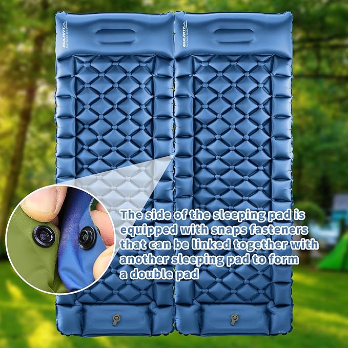 Single Sleeping Pad for Camping, Ultralight Inflatable Sleeping Mat with Pillow and Built-in Foot Pump, Portable Camping Mattress for Tent, Backpacking, Hiking, Traveling（Blue）