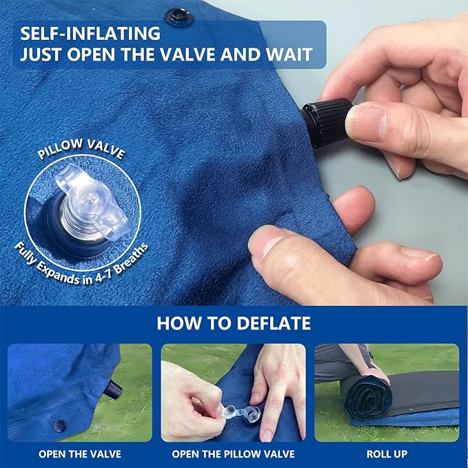 WILD FUN Double Sleeping Pad, 2in Memory Foam Camping Mattress 2 Person with Pillow, 5R Insulated Self Inflating Camping Pad, Air Mattress Inflatable Sleeping Mat for Backpacking,Hiking(Navy Blue)