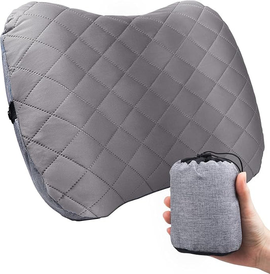 Inflatable Camping Pillow with Removable Cover - Ultralight Compact Camp Pillows for Sleeping, Backpacking, Hiking, Beach, Outdoor - Portable Blow Up Air Travel Pillow for Neck & Lumbar Support - Grey