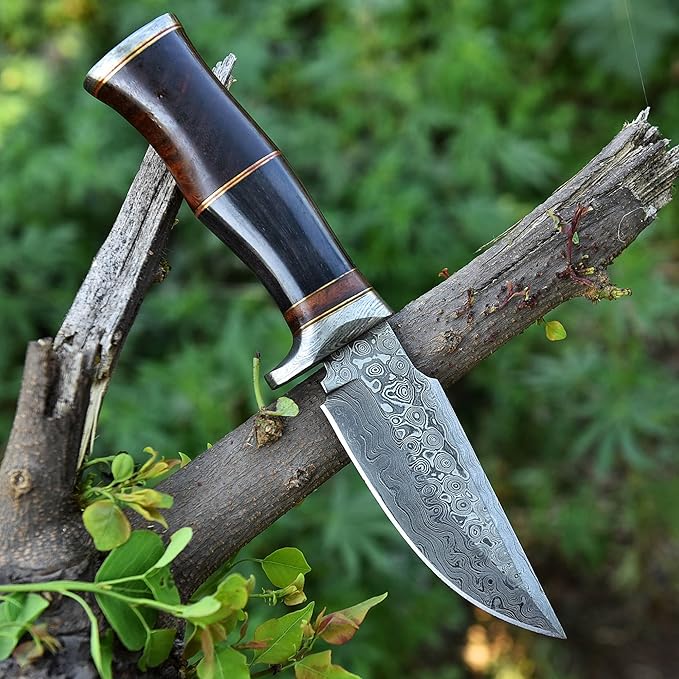 Handmade Damascus Steel Hunting Knife Fixed Blade for Camping, Survival, and Hunting - Premium Outdoor Gear Razor Sharp Edge with Camel Bone and Rose Wood Handle