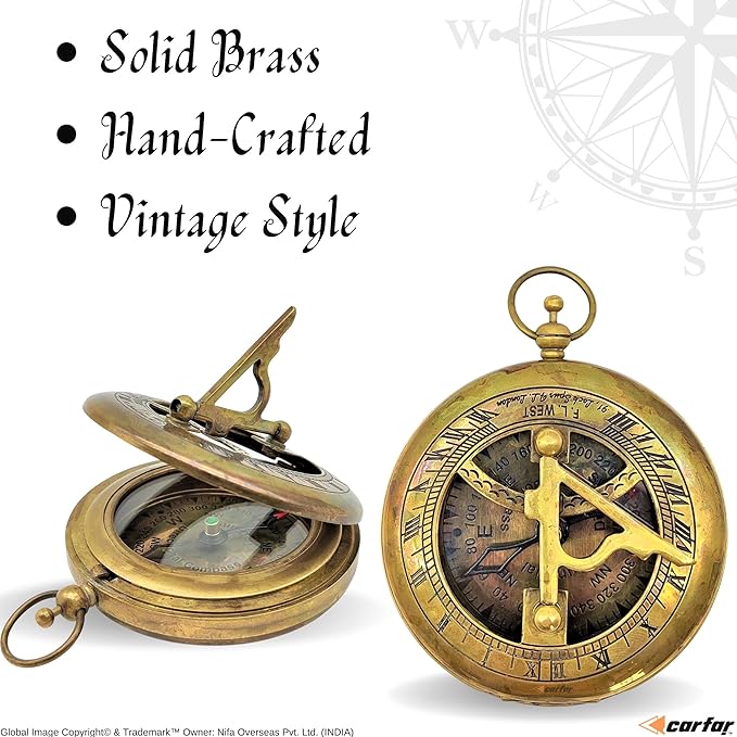 Nautical Sunclock Compass Handmade Solid Brass Vintage Style Sundial Push Open Navigational Compass with Leather Gift Case Best for Your Loved Ones