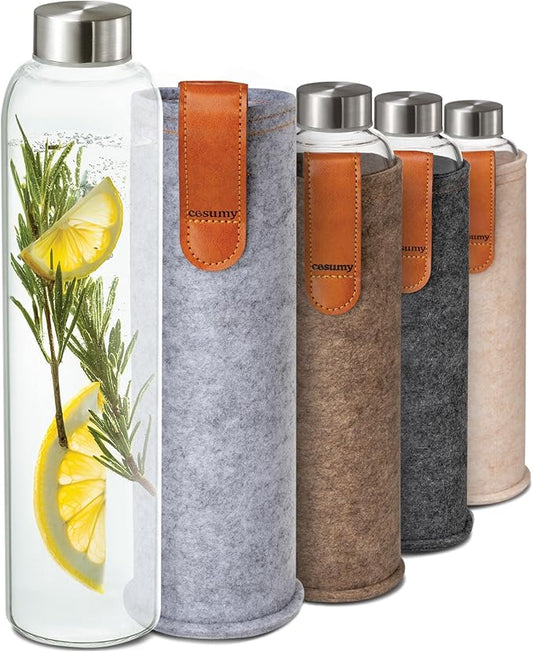 Glass Water Bottle 25oz with Felt Sleeve - Borosilicate Glass - Leakproof Lid - BPA Free - Glass Bottles for Beverage and Juicing (Classic Gray)