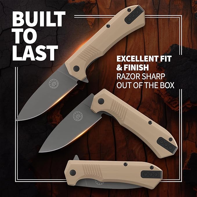 Off-Grid Knives - Stinger EDC Folding Knife with Drop Point Blade, Full Flat Grind, Crucible 154CM Steel, G10 Scales, Deep Carry Clip, Everyday Carry (Coyote)