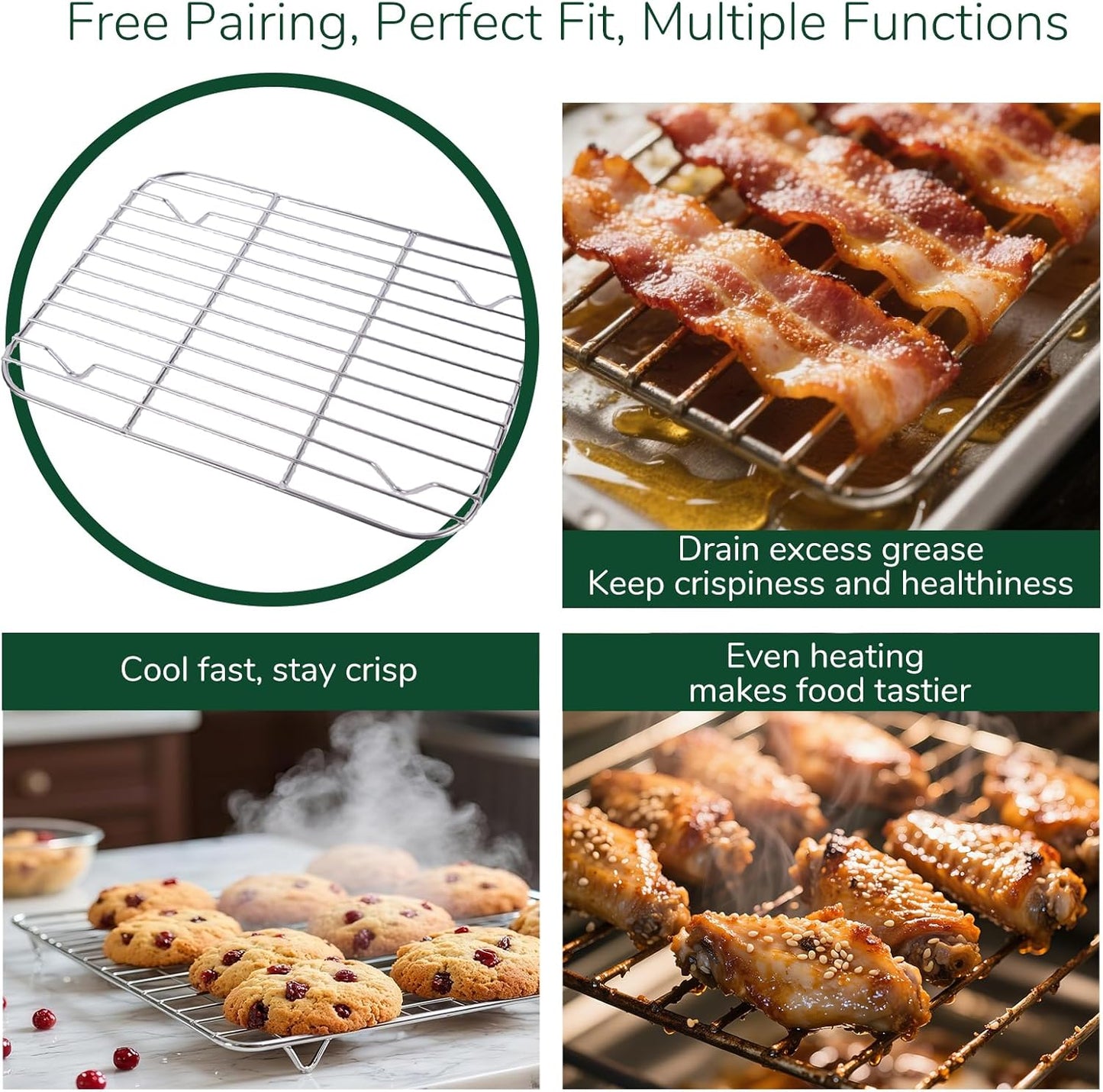 18/0 Stainless Steel Baking Sheet with Cooling Rack, 10.4 Inch Oven-Safe Non-Toxic Cookie Sheets for Baking, Coating Free & Rust Resistant for Healthy Family Baking, Easy to Clean, Heavy Duty