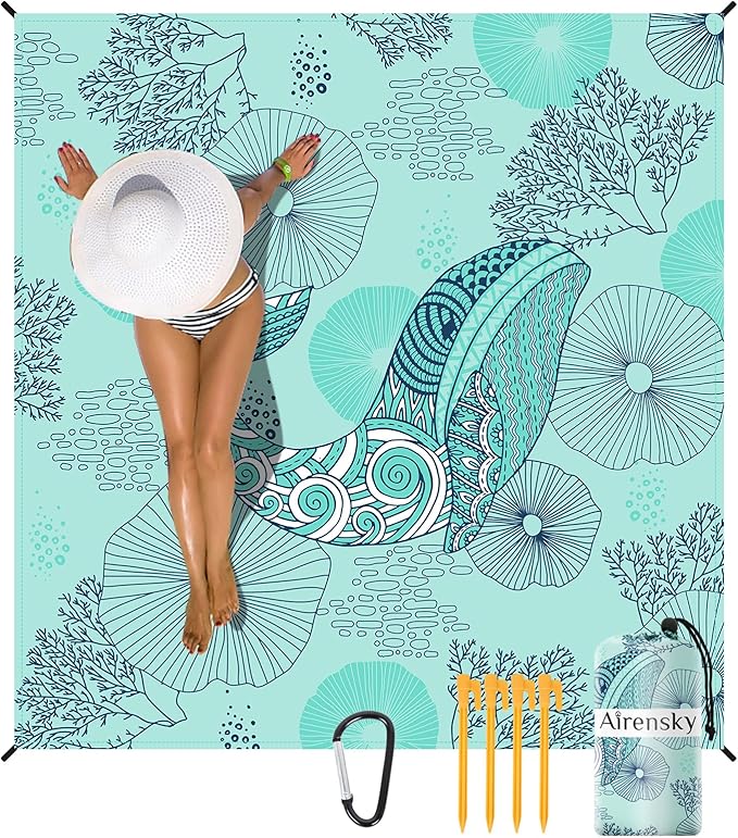 Airensky Beach Blanket Sandproof, Oversized Beach Mat 79" X 82" for 4-7 Adults, Waterproof Beach Blanket Quick Drying Lightweight Blanket with 4 Stakes for Outdoor Travel Camping Hiking(Green Whales)