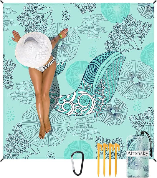 Airensky Beach Blanket Sandproof, Oversized Beach Mat 79" X 82" for 4-7 Adults, Waterproof Beach Blanket Quick Drying Lightweight Blanket with 4 Stakes for Outdoor Travel Camping Hiking(Green Whales)