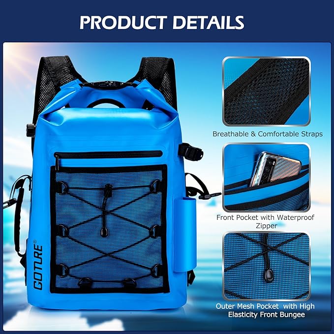 Goture Dry Bag Waterproof Backpack,20L Fishing Tackle Bag with Rod Holder,Padded Shoulder Straps and Air Exhaust Valve,500D PVC Dry Sack Bag with Phone Case for Kayaking,Boating,Fishing,Travel