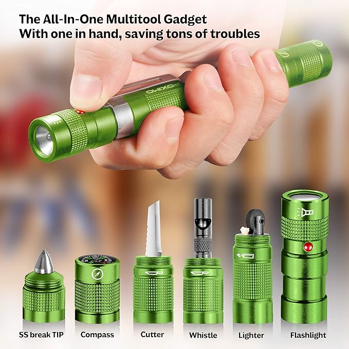Gifts for Men Women POXIMO EDC Multitool 5-in-1 Tactical Survival Gear with Flashlight, Lighter(No Fuel), Glass Breaker, Whistle, Cutter, Compass, A Cool Birthday Gift, Nice Camping Tool Kit