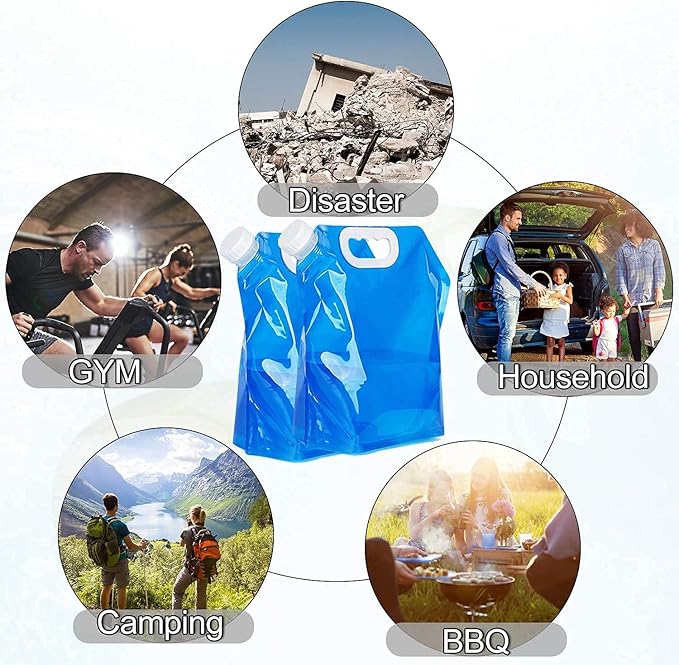 Hakkin Collapsible Water Container Bag 8 Pcs 5L/(1.3 Gallon), No-Leak Freezable Portable BPA Free Food Grade Plastic Storage Jug for Camping, Hiking, Travel, Emergency Survival Kit Bonus 2 Pcs Caps