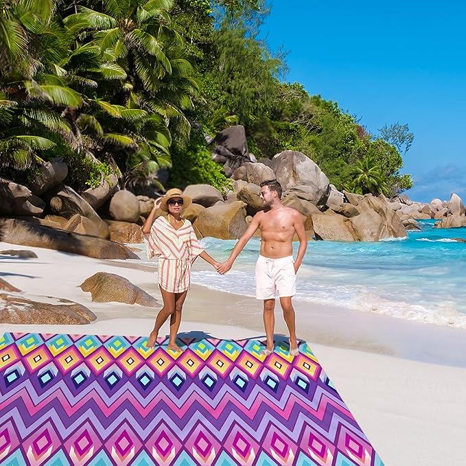 Large Oversized Beach Blanket, Sandproof Waterproof Beach Mat for 4-6 People with 4 Stakes, Polyester Lightweight Picnic Blanket Beach Accessories for Outdoor Travel Camping Hiking