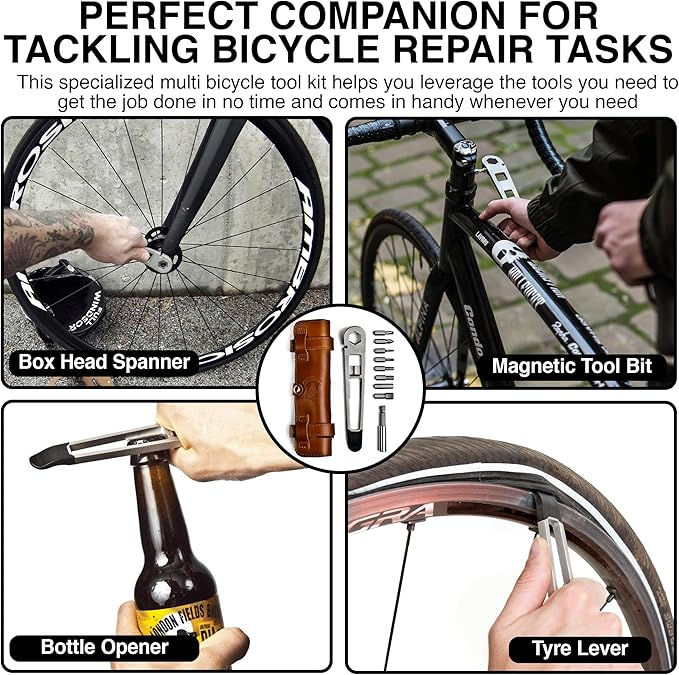 THE NUTTER All in One Bike Tool - Portable Bike Repair Kit with Cycling Multitool and Brown Leather Pouch - Specialized Bike Accessories, Bike Tools - Emergency Biking Gear for All Types of Bicycles