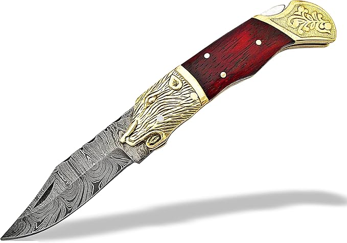 TNZ-524 Damascus Handmade Pocket Engraved Bolsters Folding Knife 4" Blade, 8.5" Overall ,8 oz, Padauk Wood Handle With Leather Cover >>>> TNZ Hand Made Damascus knives