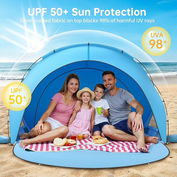 Beach Tent Sun Shelter, Beach Shade Tent with UPF50+ UV Protection, Beach Sun Shelter, Beach Shade with 2 Zippered Doors, Portable Beach Tent for Beach Camping Fishing