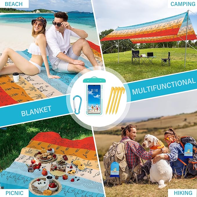 BYDOLL Beach Blanket Sandproof Waterproof 78''×110'' 1-7 Adults Compact Lightweight Oversized Beach Blanket Large Picnic Mat Beach Blanket for Travel Camping Hiking Picnic