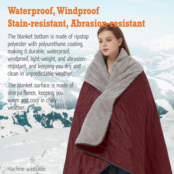 Outdoor/Indoor Sherpa Blanket, Oversized Waterproof Stadium Blanket for Cold Weather. Warm, Soft, Portable, Great for Stadium, Sports Events, Camping, Indoor - 82x56in., Antique Ruby