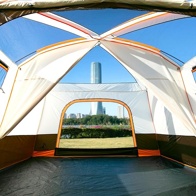 KTT Extra Large Tent 10-12-14 Person(B),Family Cabin Tents,2 Rooms,3 Doors and 3 Windows with Mesh,Straight Wall,Waterproof,Double Layer,Big Tent for Outdoor,Picnic,Camping,Family Gathering