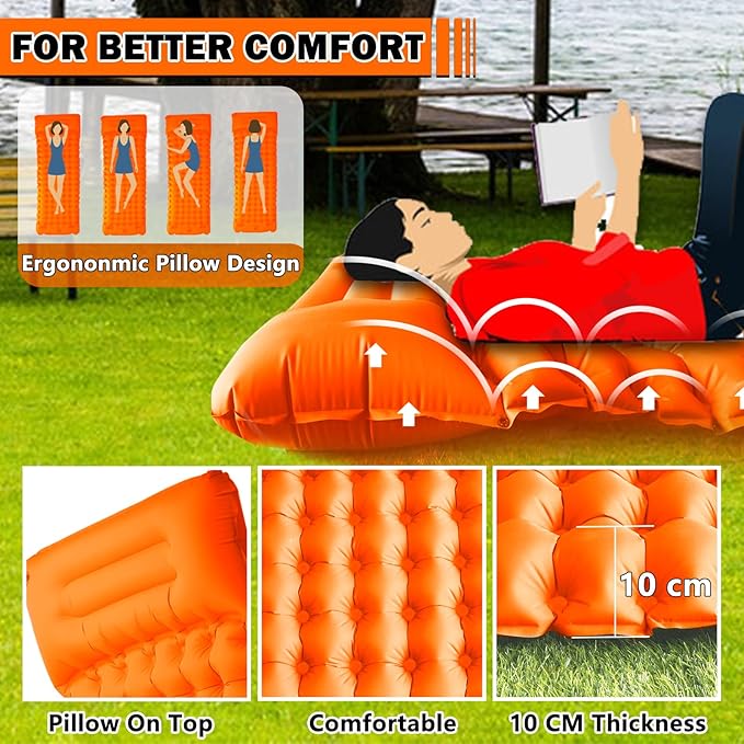 Self Inflating Sleeping Pad Camping Sleeping Mat, Built-in Foot-Pump & Pillow Inflatable Camping Mat Single Air Mattress Sleeping Pad for Camping Hiking Tent Travel Outdoor, Orange