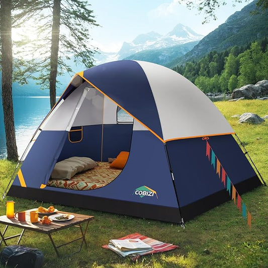 COBIZI 4 Person Camping Tent, Easy Setup Outdoor Tent with Rainfly for Camping & Hiking (Navy Blue)
