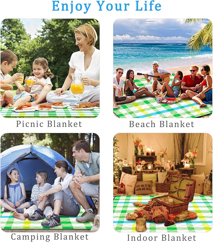 Portable Waterproof Picnic Blanket,Picnic Blankets Extra Large Outdoor 80"x80", Machine Washable, Extra Large Picnic Mat for Grass Concert, Park, Lawn,Travel,Green Gingham
