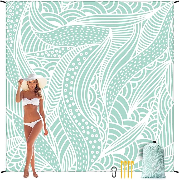 Beach Blanket, Sandproof Beach Mat, Waterproof Quick Drying Lightweight Outdoor Picnic Mat 120"x108" for 2-8 Adults with Pocket for Travel, Camping, Hiking