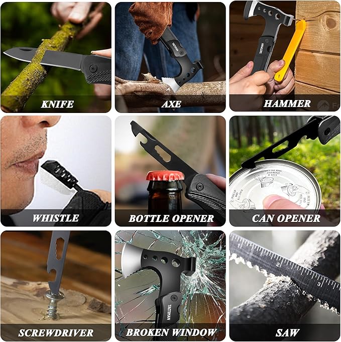 Multitool Hatchet Axe Stainless Steel Camping Hiking Survival Gear 14-in-1 Multi Tool with Axe Hammer Knife Saw Screwdrivers Bottle & Can Opener Whistle Fire Starter Christmas Gifts for Men