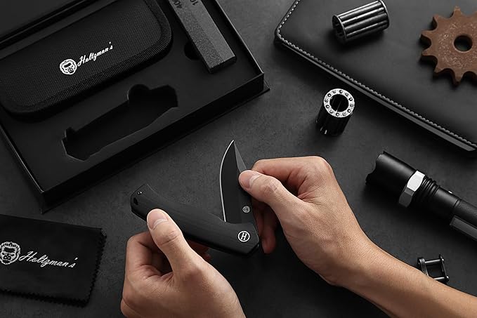 Holtzman's Gorilla Survival Folding Knife D2 Steel Blade G10 Handle Pocket Knife EDC Giftset for Men and Women (black blade + black handle)