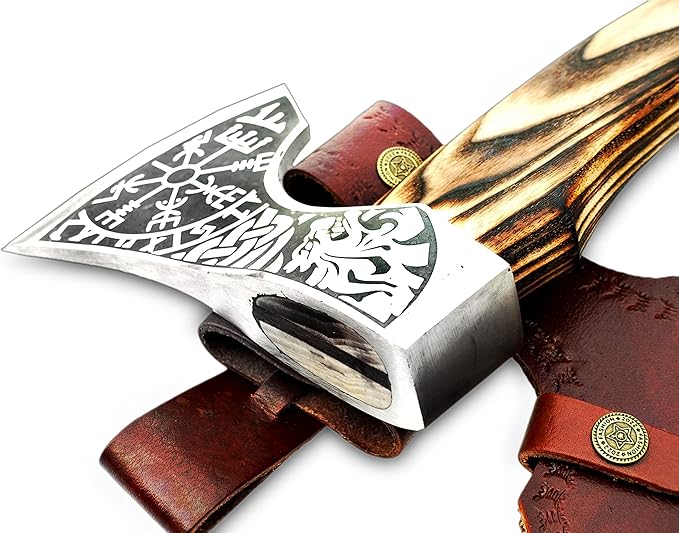 Hand Forged Carbon Steel Etched Viking Axe with (Ash Wood) Handle -with Premium Leather Sheath - Ideal for Camping Axe - Survival Axe - Bushcraft Axe Gift for Him. CX-00786